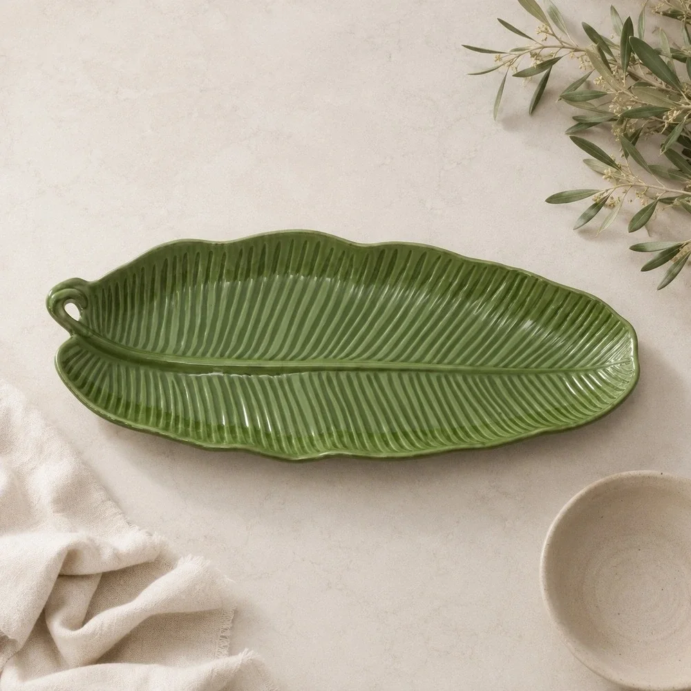 Threshold Figural Palm Leaf Platter Green Melamine Bamboo Serving Tray 20in NEW